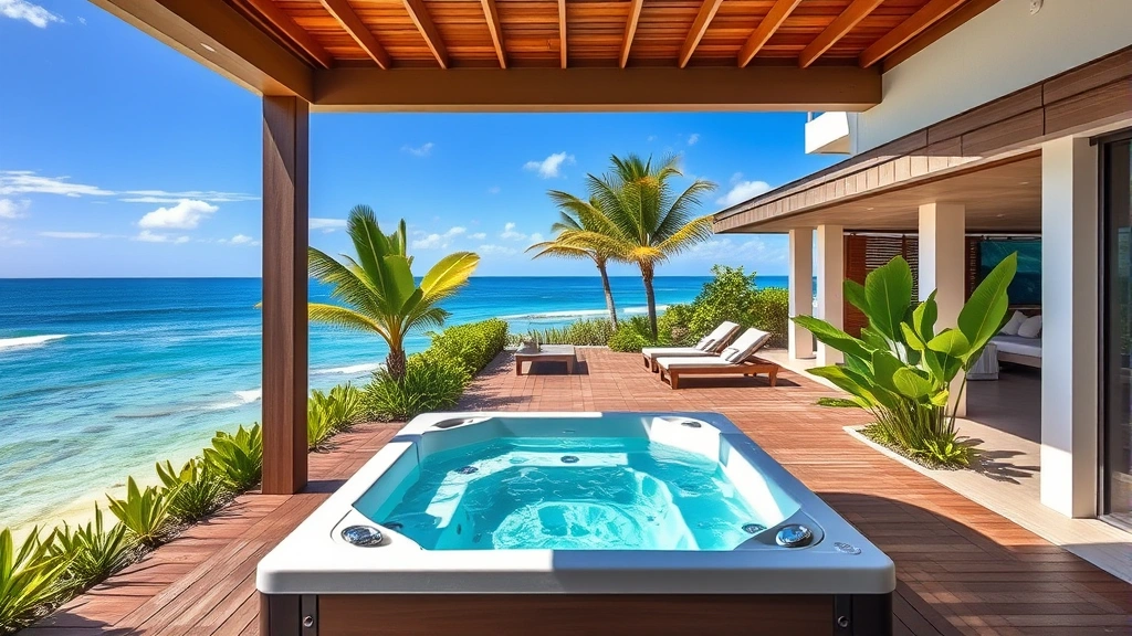 Luxurious beachfront villa with private heated hot tub on oceanview terrace, tropical plants surrounding deck, clear water visible in background, modern minimalist design