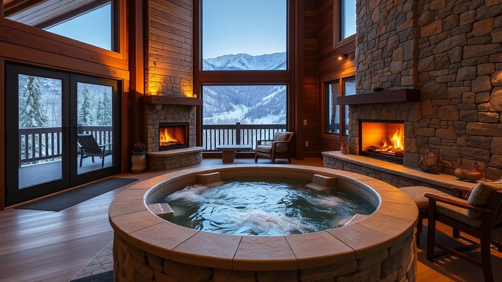 Modern mountain lodge suite featuring private indoor-outdoor hot tub with stone surround, fireplace visible through glass doors, snowy peaks visible through windows, ambient lighting