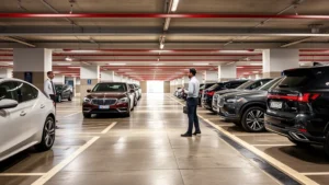 Modern luxury hotel valet parking garage with professional attendants in uniform directing vehicles, clean concrete floor with clear parking spaces, professional lighting, upscale setting