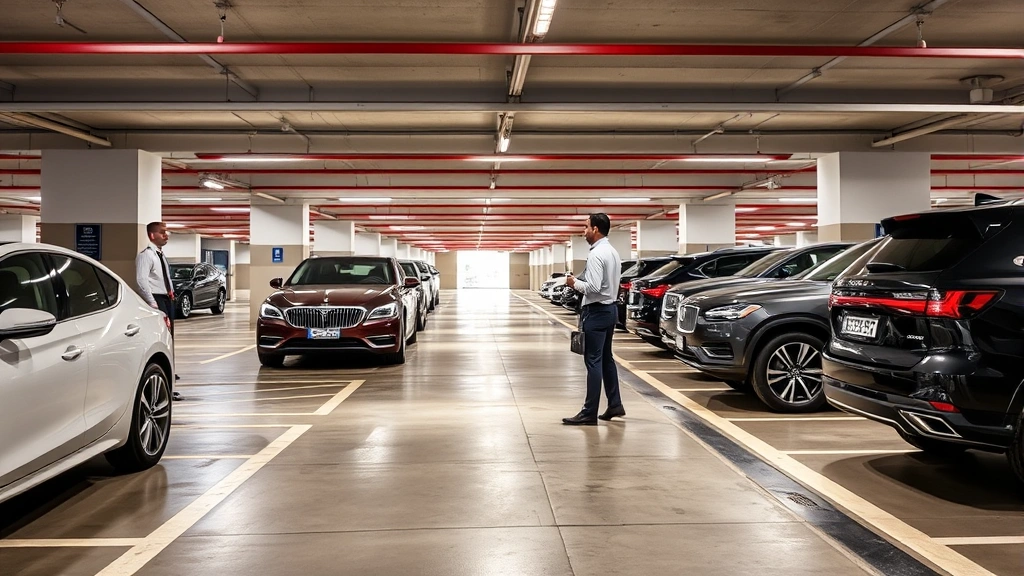 Modern luxury hotel valet parking garage with professional attendants in uniform directing vehicles, clean concrete floor with clear parking spaces, professional lighting, upscale setting