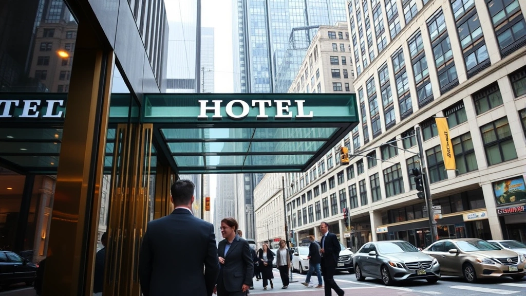 Busy Manhattan street-level hotel entrance with doorman assisting guests, modern glass facade, urban skyscraper backdrop, daytime traffic visible, professional hospitality atmosphere