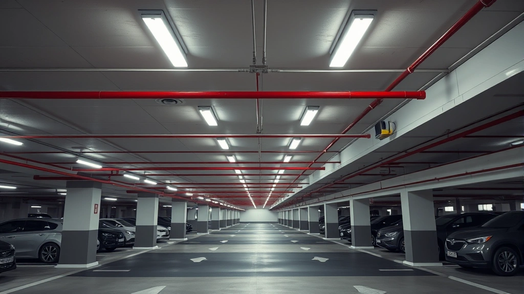 Interior hotel parking garage with organized spaces, bright LED lighting, security camera visible, clean modern architecture, multiple parking levels receding into distance, no signage or text visible