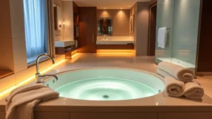 Modern luxury hotel suite with sunken jacuzzi tub illuminated by warm lighting, plush white towels draped nearby, elegant bathroom fixtures, spa ambiance