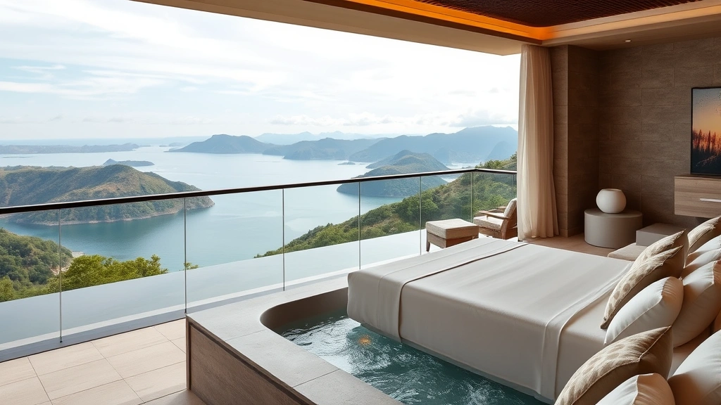 Panoramic view of high-end resort jacuzzi suite overlooking mountain landscape or ocean, private balcony with heated water, contemporary design, natural scenery backdrop