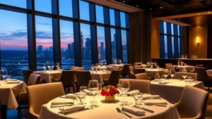 Modern hotel restaurant dining room with elegant table settings, warm ambient lighting, and floor-to-ceiling windows overlooking a city skyline at dusk, featuring professional place settings and soft shadows