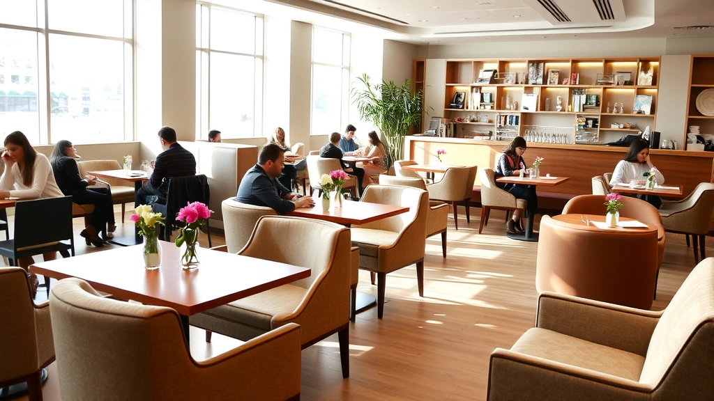 Bright casual hotel cafe interior with comfortable seating areas, contemporary furniture, fresh flowers on tables, natural daylight streaming through large windows, guests enjoying meals in relaxed atmosphere