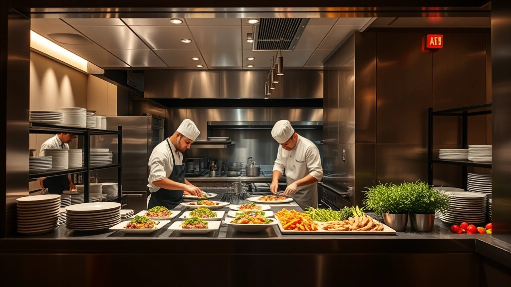 Upscale hotel restaurant kitchen visible through open pass-through, chefs plating gourmet dishes with precision, stainless steel equipment, fresh ingredients on counter, professional culinary environment with soft warm lighting