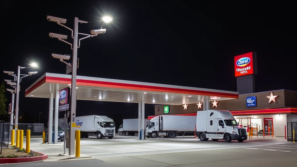 Truck stop hotel complex at night showing secure parking area with surveillance cameras mounted on posts, bright overhead lighting, gated entrance with access control, multiple commercial vehicles safely parked, professional security infrastructure visible