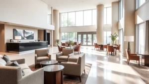 Modern hotel lobby with contemporary furniture, neutral tones, and natural lighting streaming through large windows, showing welcoming front desk area with comfortable seating