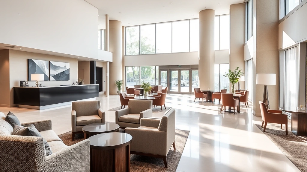 Modern hotel lobby with contemporary furniture, neutral tones, and natural lighting streaming through large windows, showing welcoming front desk area with comfortable seating