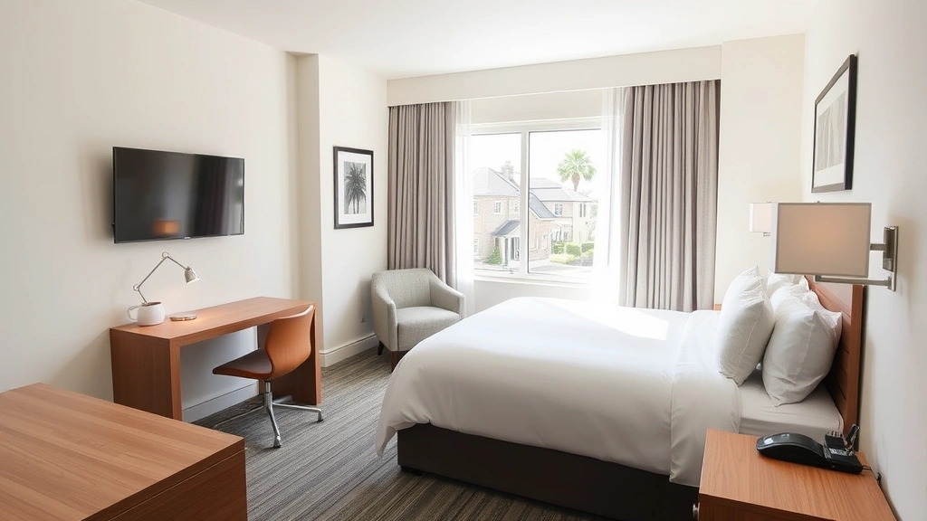 Bright, spacious hotel guest room featuring comfortable bed with quality linens, desk area, modern amenities, and window with natural daylight overlooking residential neighborhood
