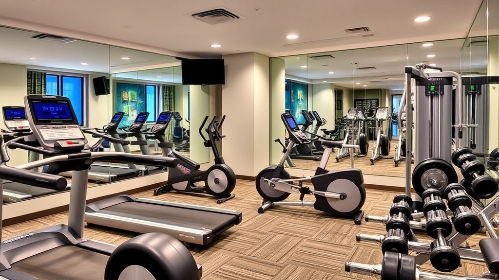 Hotel fitness center with cardio equipment, free weights, mirrors, and modern exercise machines in a clean, well-lit facility with motivational atmosphere