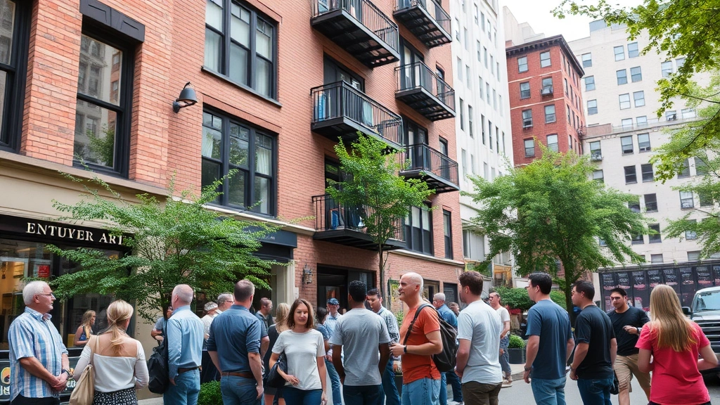 Diverse group of people standing outside a residential apartment building in New York City, modern urban neighborhood with street trees and storefronts visible, daytime natural lighting