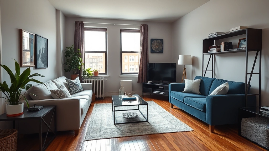Interior of a modest but well-maintained NYC apartment living room, showing comfortable seating, natural light from windows, hardwood floors, professional real estate photography style