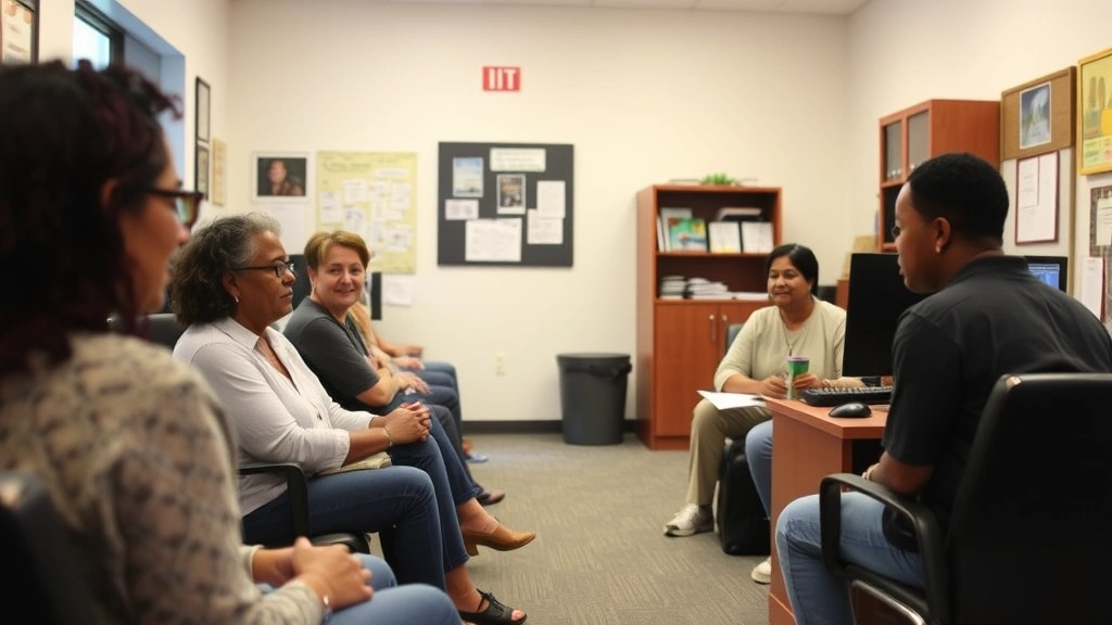 Community center or nonprofit office interior where housing counselors assist residents, showing friendly staff at desks with computers, residents in waiting area, welcoming environment with housing resource materials on walls