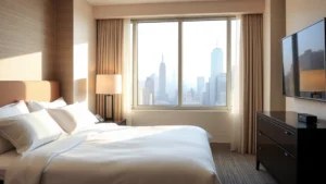Modern Manhattan hotel room with neutral tones, comfortable king bed with premium white linens, floor lamp, and window showing city skyline in afternoon light, no signs or numbers visible