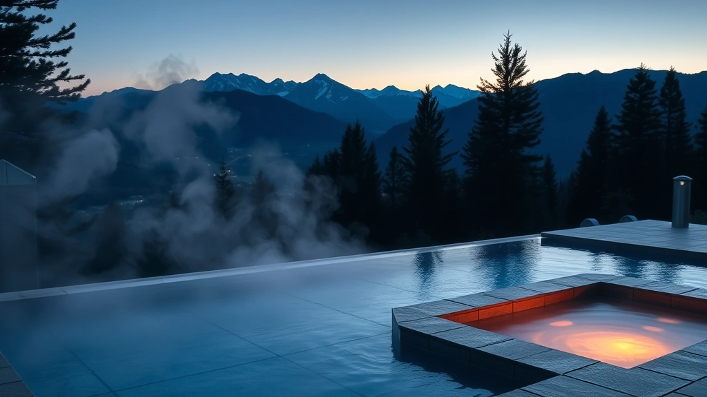 Heated outdoor swimming pool nestled among pine trees with mountain peaks visible in background, steam rising from hot tub area at dusk