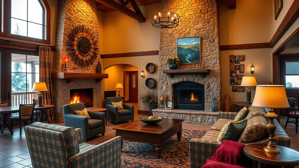 Cozy boutique hotel lobby with rustic Colorado mining heritage decor, stone fireplace, comfortable seating, and warm ambient lighting