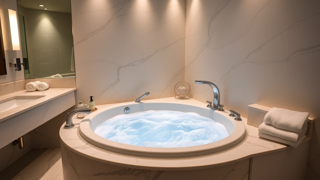 Luxurious modern bathroom with marble countertops and a spacious whirlpool jacuzzi tub filled with steaming water and bubbles, soft ambient lighting, plush towels nearby, upscale hotel room setting