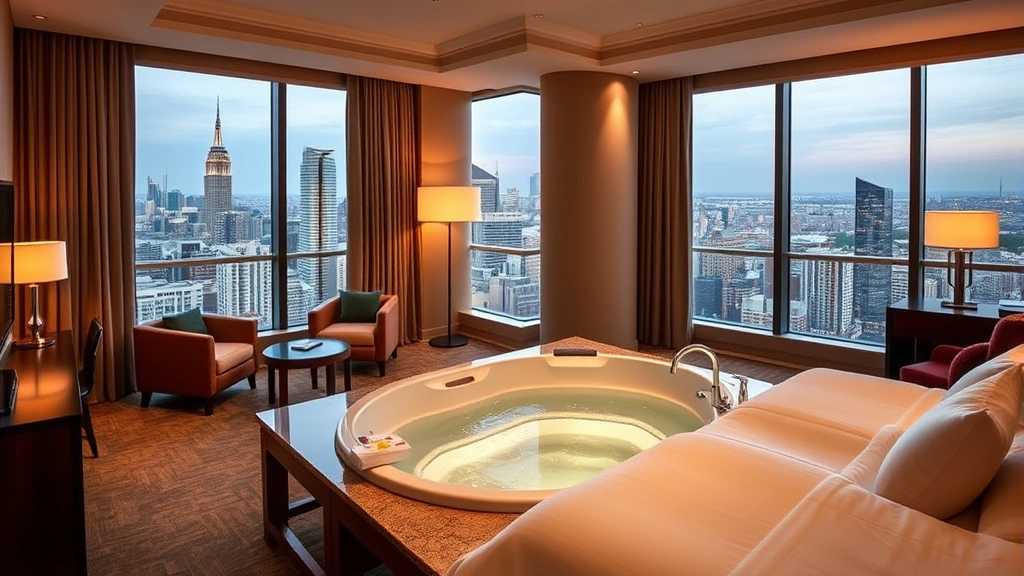 Elegant hotel suite bedroom featuring a prominent in-room jacuzzi tub positioned near floor-to-ceiling windows with city skyline views, contemporary furnishings, warm lighting creating spa atmosphere