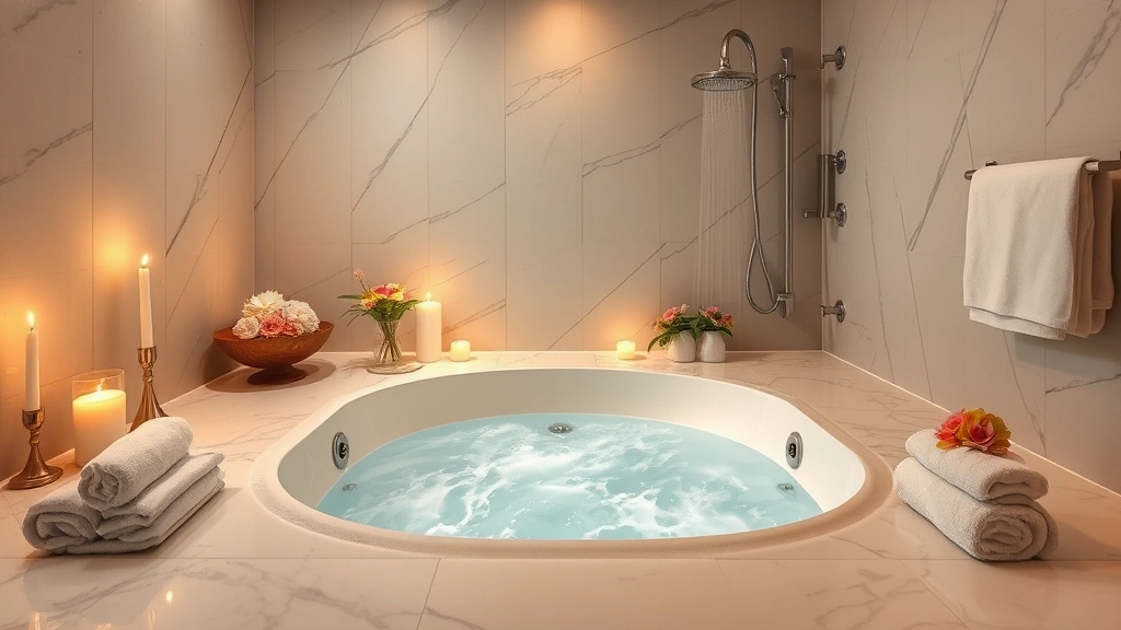 Serene bathroom spa scene with a deep soaking jacuzzi tub surrounded by candles, fresh flowers, rolled towels on marble surfaces, rainfall showerhead visible, luxurious five-star hotel ambiance