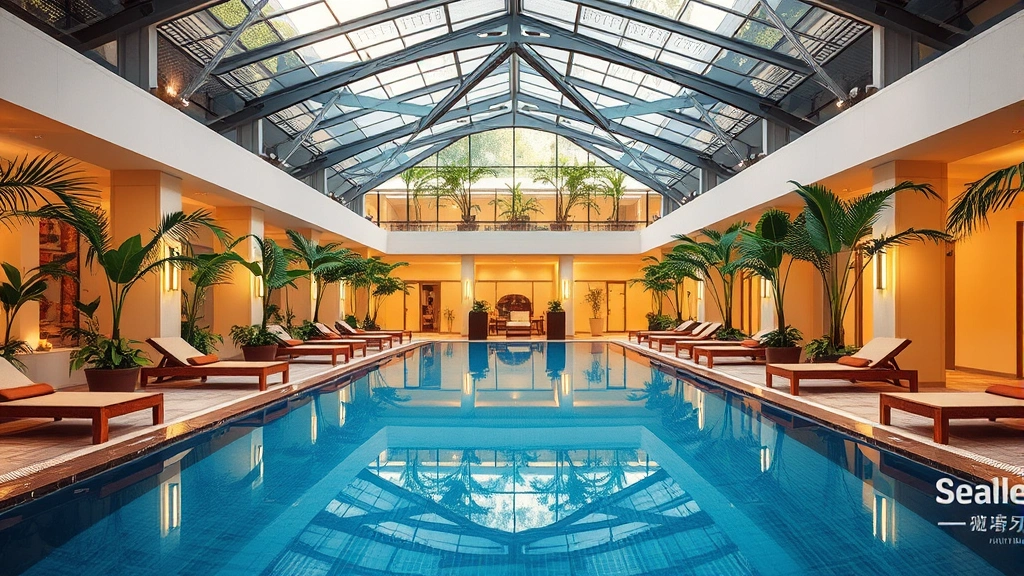Modern hotel indoor swimming pool with glass ceiling, tropical plants, comfortable lounge chairs, warm lighting, no people visible, clean water, contemporary architecture