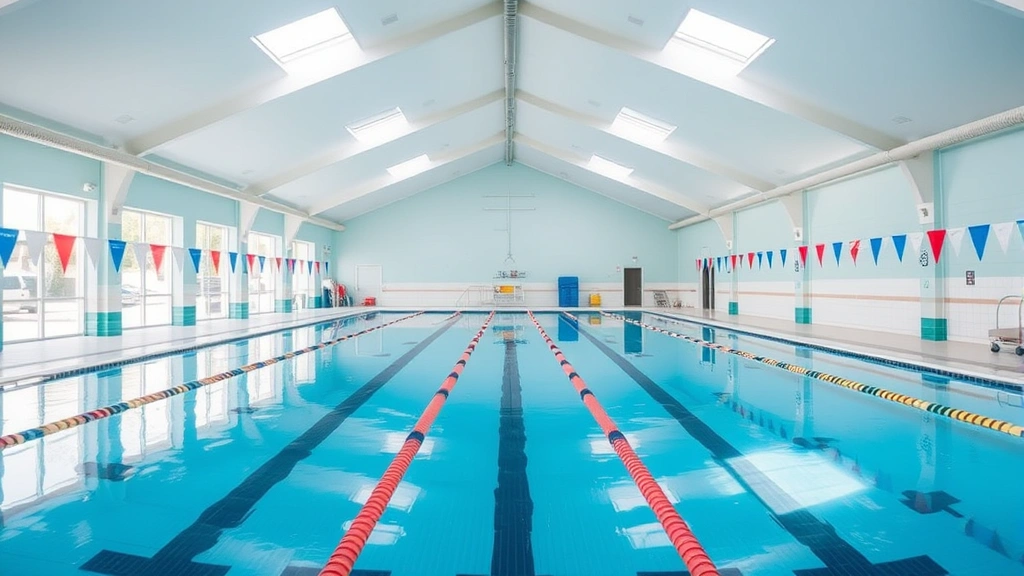 Spacious indoor aquatic center with lap lanes, shallow play area, heated water, bright natural light from skylights, professional maintenance visible, welcoming atmosphere