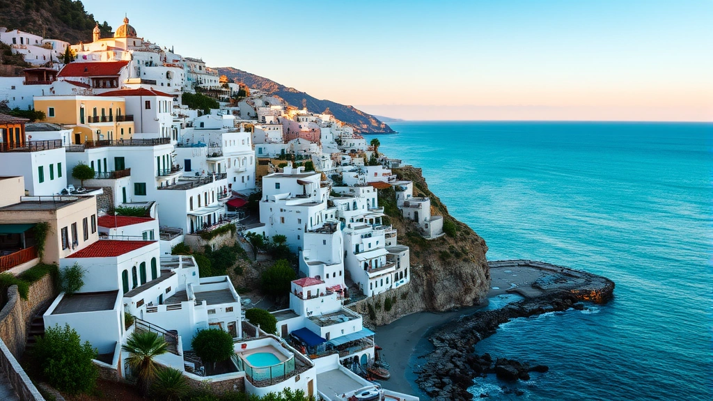 Serene Mediterranean coastal landscape with white-washed buildings cascading down hillside toward turquoise sea, traditional Italian architecture, natural thermal springs area visible, golden afternoon light, vacation destination aesthetic