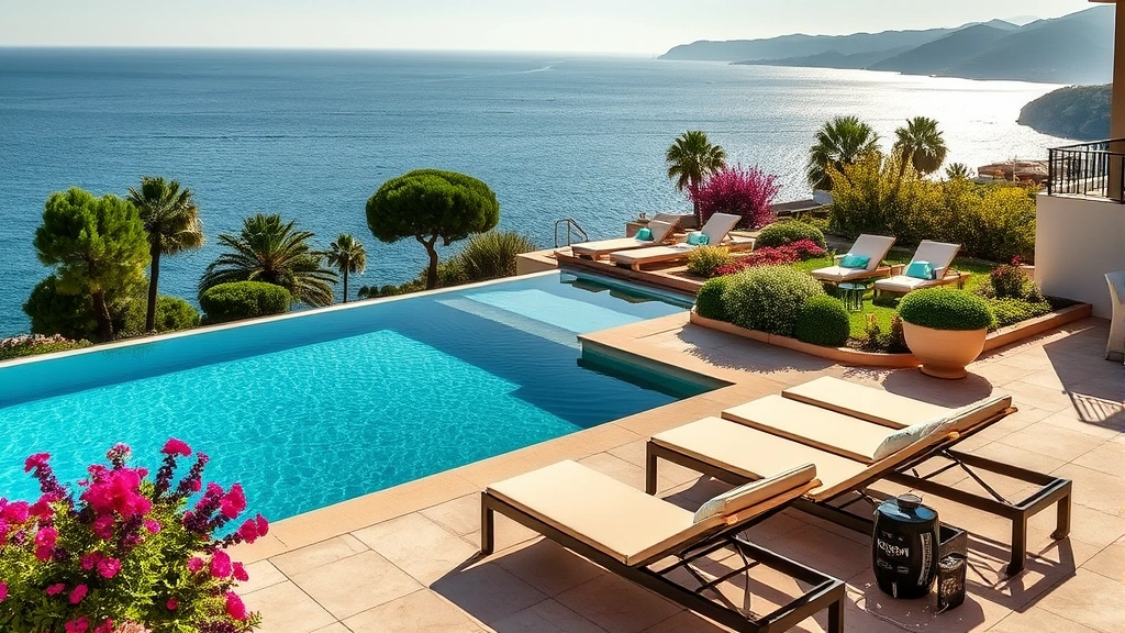 Luxurious hotel terrace overlooking Tyrrhenian Sea with comfortable lounge chairs, infinity pool edge, lush Mediterranean gardens with flowering plants, calm waters in background, upscale resort setting, warm sunlight