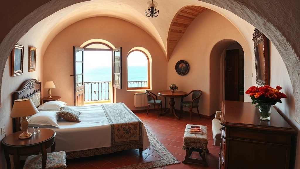 Cozy rustic Italian hotel room with arched doorway, terracotta tiles, traditional furnishings, open window showing sea view, natural light, intimate boutique accommodation atmosphere, authentic Mediterranean charm